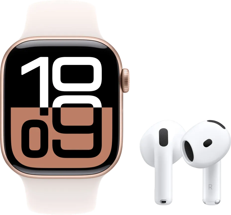 Apple Watch Series 10 42mm Roségoud Sportband S/M + AirPods 4 Active Noise Cancelling (6151126878814)